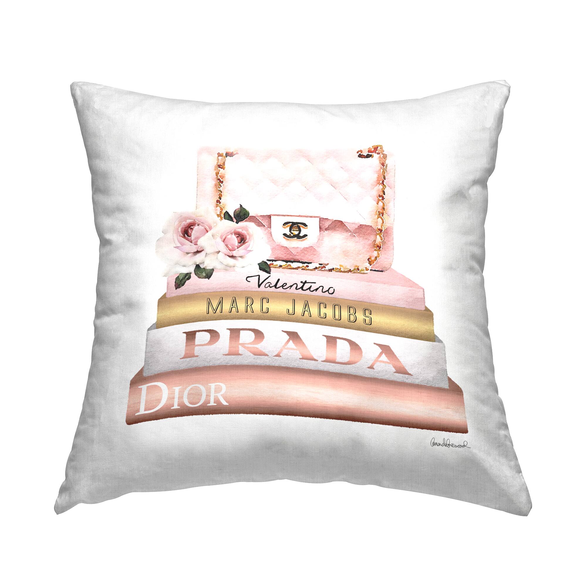 Stupell Industries Pink Purse Gold Fashion Bookstack Glam Fashion Throw Pillow 18" x 18"